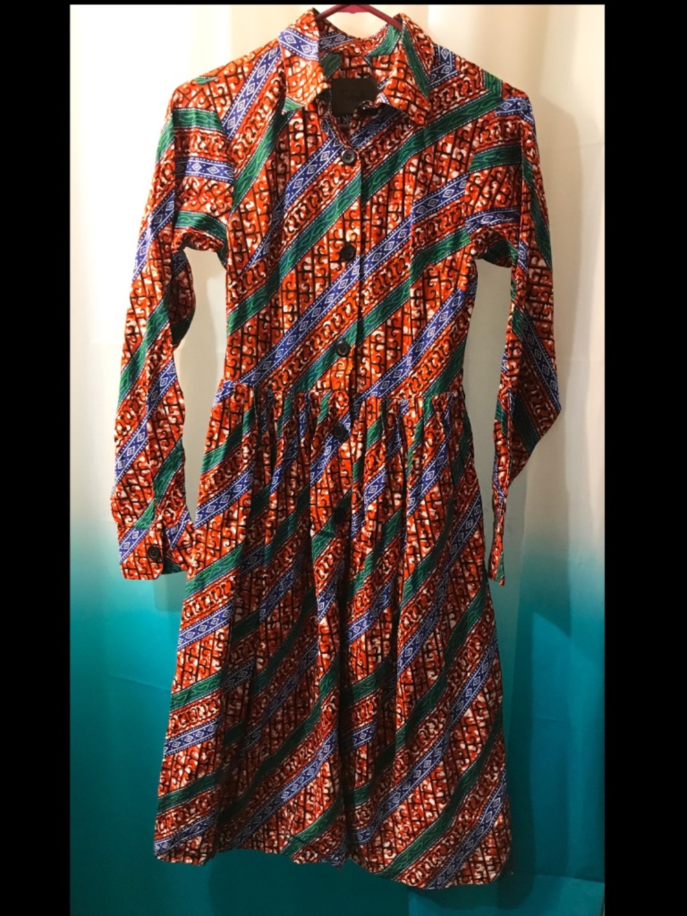 Tufafii Ankara African Wax Cloth Button Down Shirt Dress wi/Head Wrap Sz small
